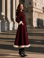 Elegant Fur Trim Gold-Button Belted Waist Long Coat