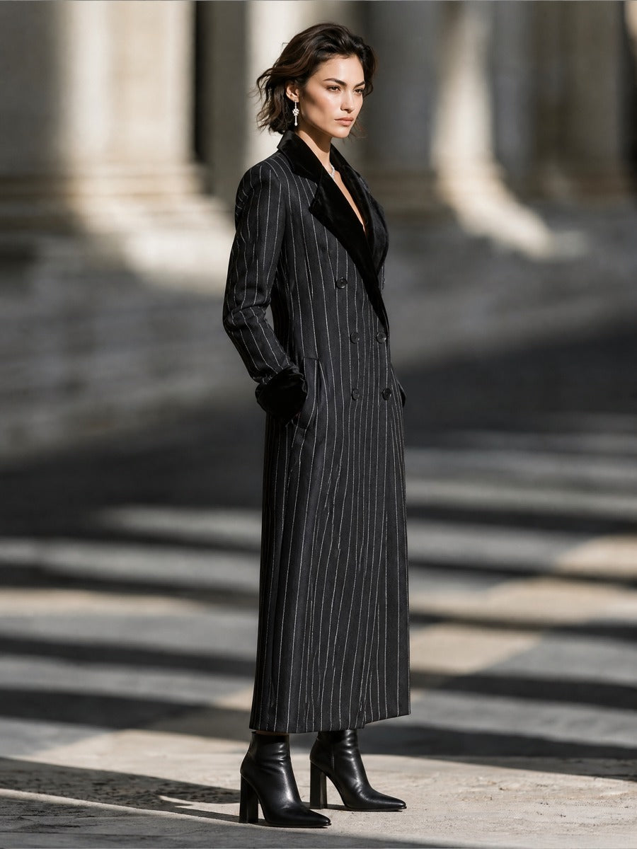 Velvet Lapel Pinstripe Double-Breasted Long Coat