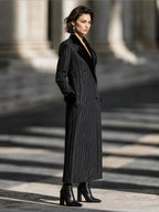 Velvet Lapel Pinstripe Double-Breasted Long Coat