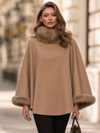 Faux Fur Trim Wool Blend Poncho Cape with High Collar