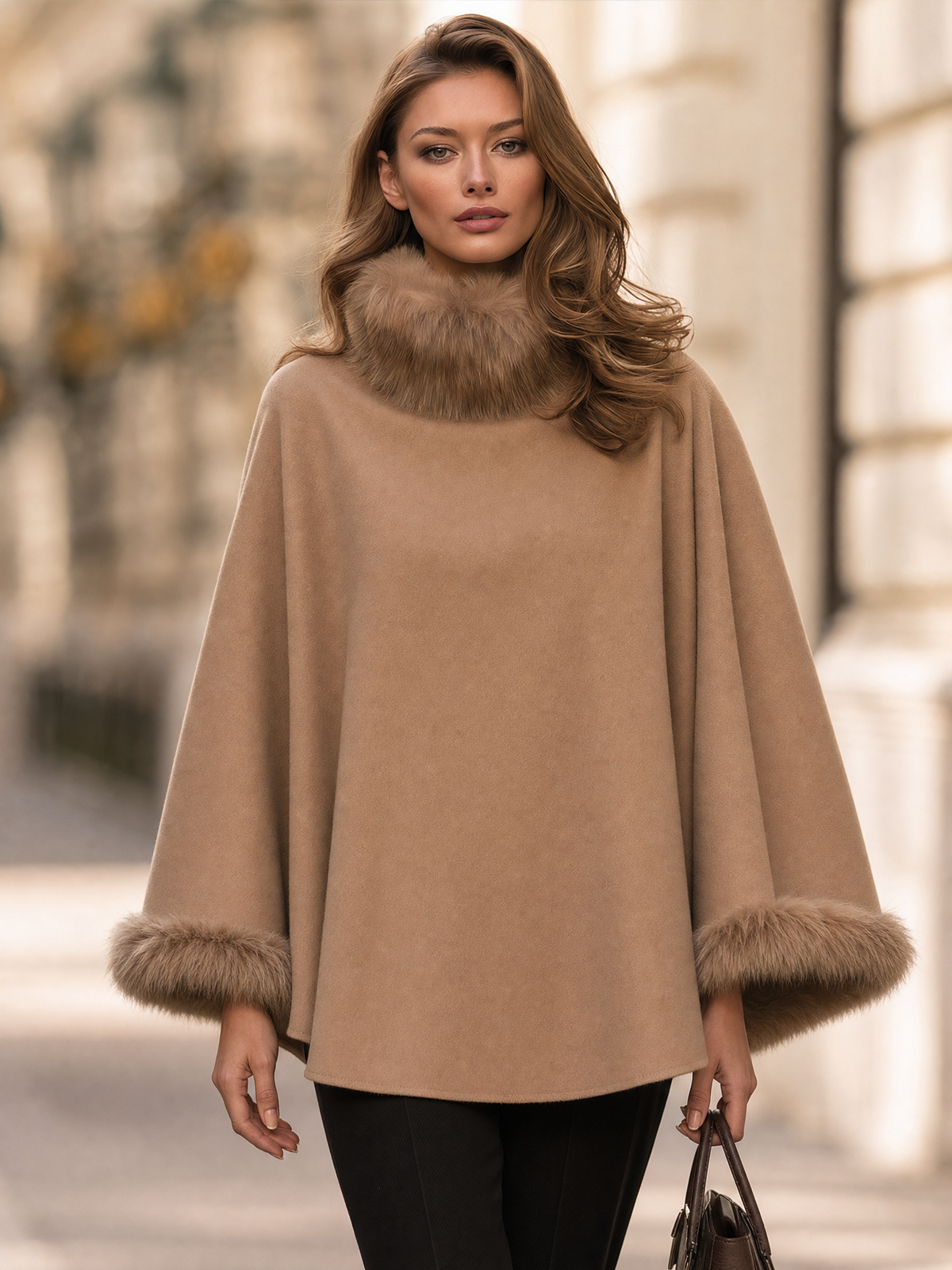 Faux Fur Trim Wool Blend Poncho Cape with High Collar