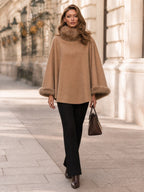 Faux Fur Trim Wool Blend Poncho Cape with High Collar