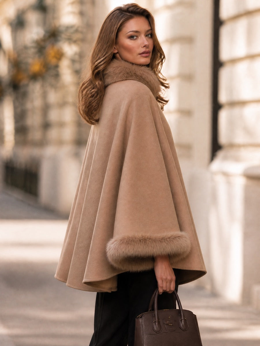 Faux Fur Trim Wool Blend Poncho Cape with High Collar