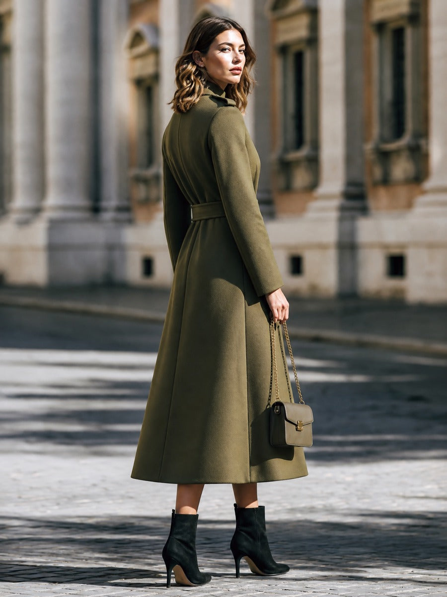 Stand Collar Belted A-Line Long Wool Coat