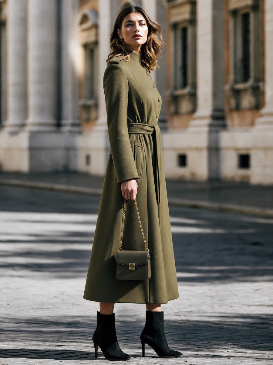 Stand Collar Belted A-Line Long Wool Coat