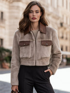 Cropped Faux Fur Bomber Jacket With Leather-Trimmed Collar And Flap Pockets