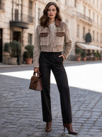 Cropped Faux Fur Bomber Jacket With Leather-Trimmed Collar And Flap Pockets