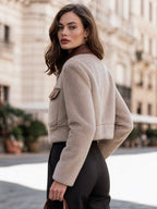 Cropped Faux Fur Bomber Jacket With Leather-Trimmed Collar And Flap Pockets