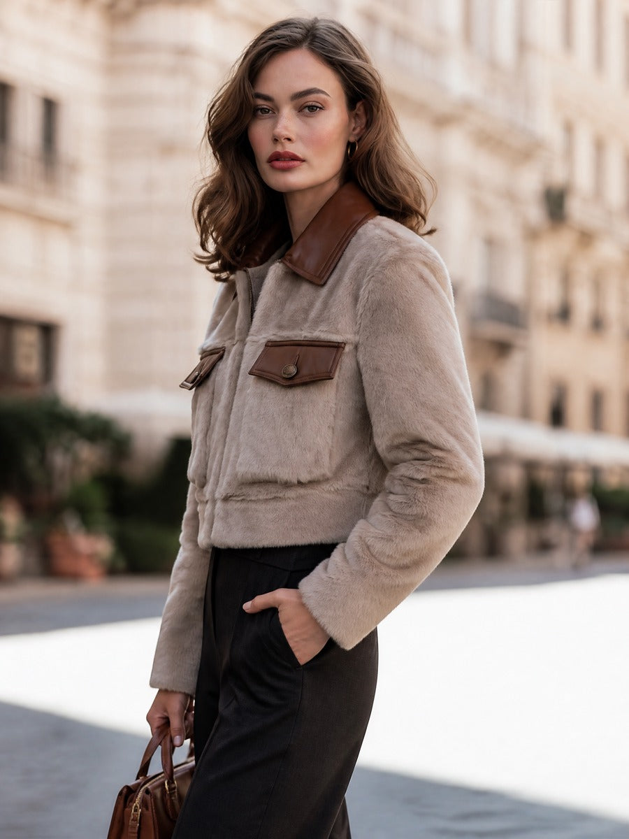 Cropped Faux Fur Bomber Jacket With Leather-Trimmed Collar And Flap Pockets