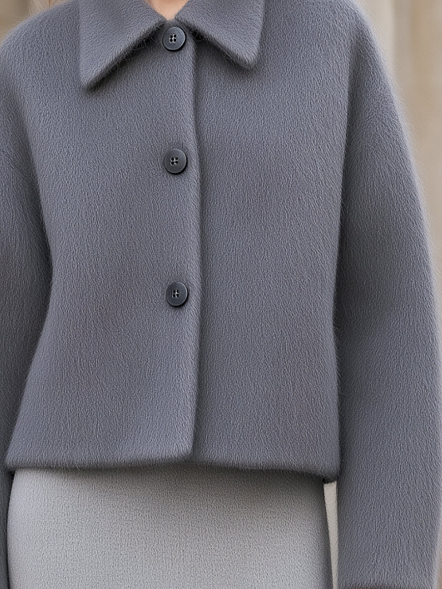 Notched Lapel Button-Front Textured Short Coat