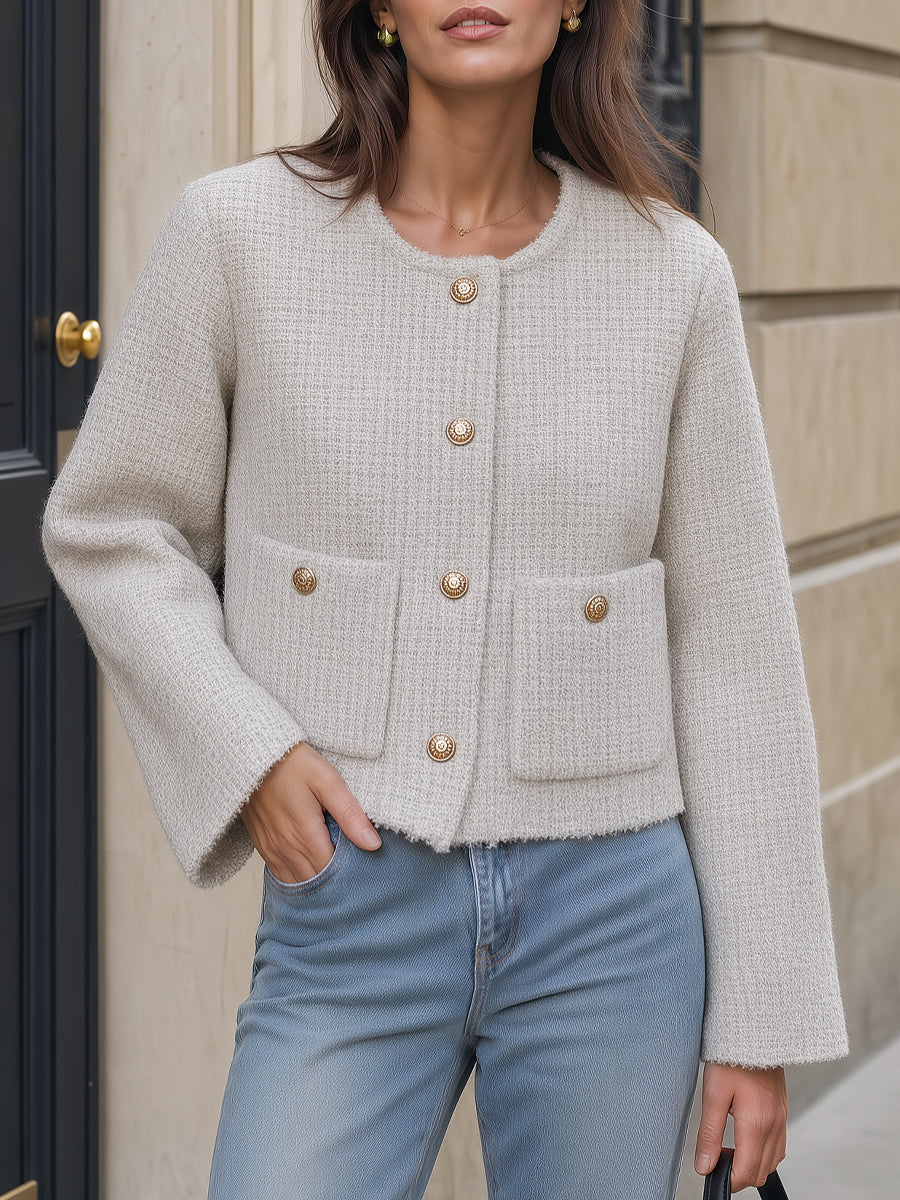 Crew Neck Tweed Button-Front Pocket Short Coat