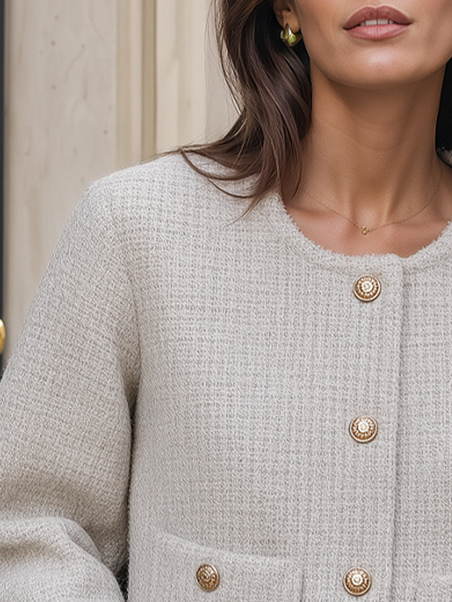 Crew Neck Tweed Button-Front Pocket Short Coat