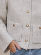 Crew Neck Tweed Button-Front Pocket Short Coat