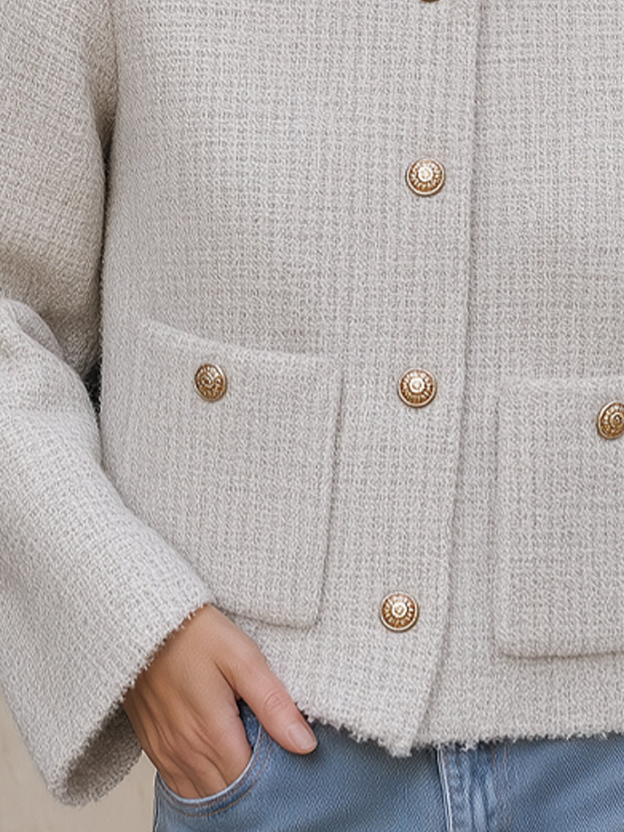 Crew Neck Tweed Button-Front Pocket Short Coat
