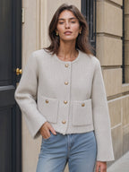 Crew Neck Tweed Button-Front Pocket Short Coat