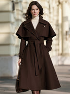 Belted Wool Trench Coat With Detachable Capelet And Notched Lapels