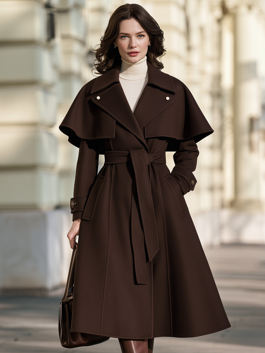 Belted Wool Trench Coat With Detachable Capelet And Notched Lapels