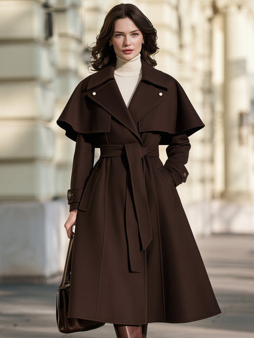 Belted Wool Trench Coat With Detachable Capelet And Notched Lapels