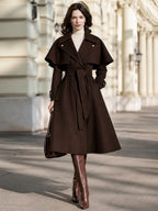 Belted Wool Trench Coat With Detachable Capelet And Notched Lapels