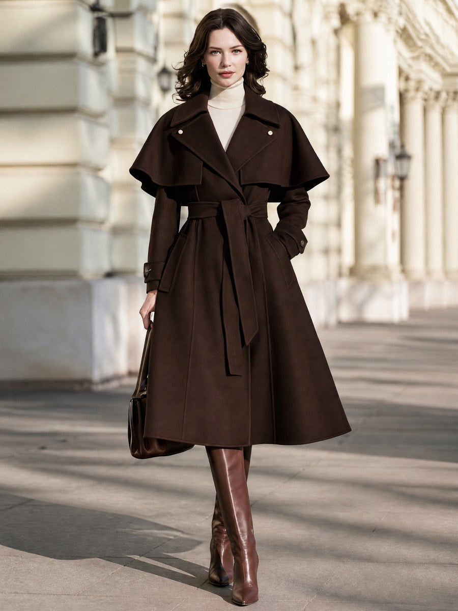 Belted Wool Trench Coat With Detachable Capelet And Notched Lapels