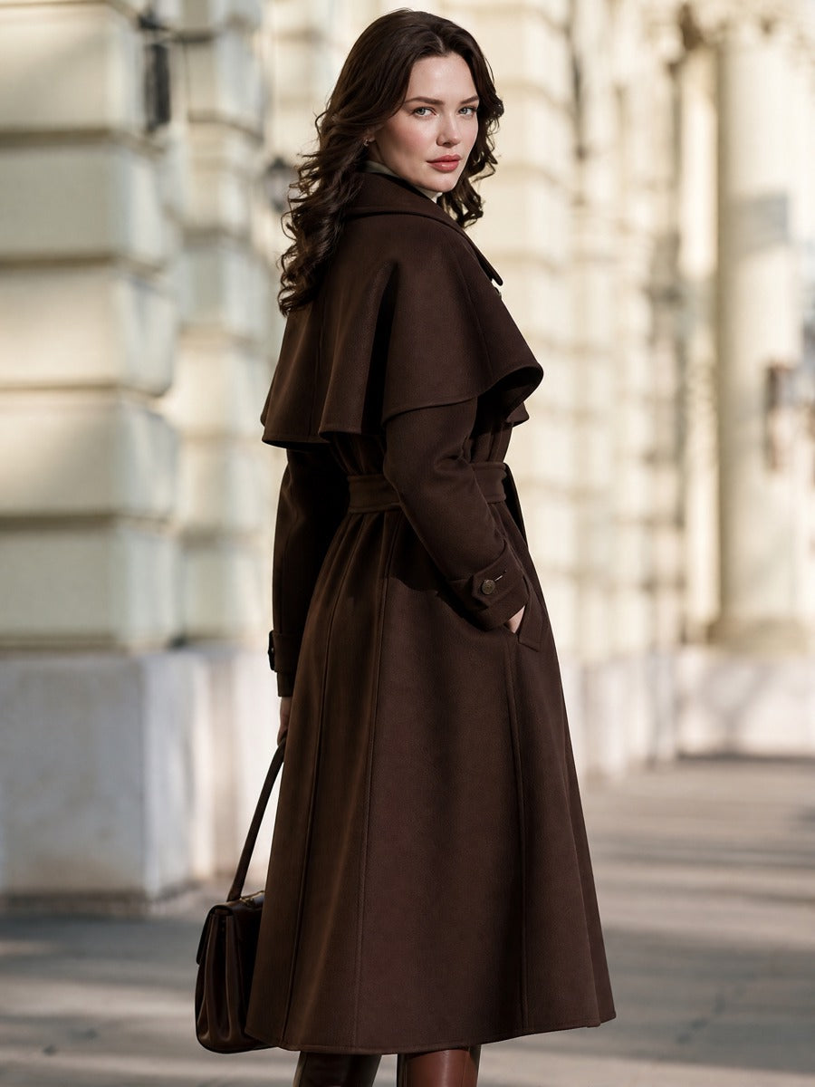 Belted Wool Trench Coat With Detachable Capelet And Notched Lapels