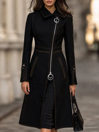 Asymmetric Ring-Pull Zip Longline Coat With Contrast Topstitching