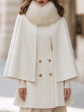 Double-Breasted Wool Cape Coat With Detachable Faux Fur Collar