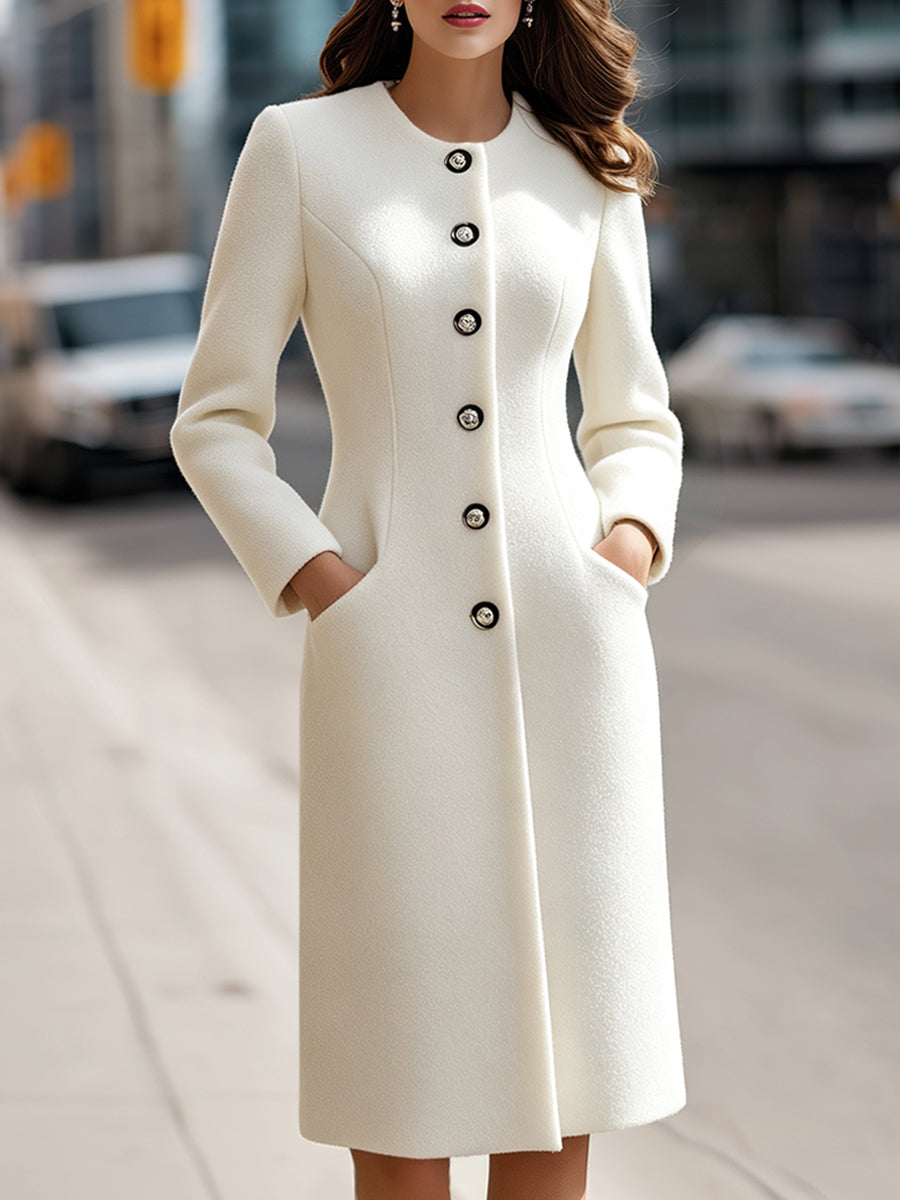 Collarless Single-Breasted Tailored Woolen Coat
