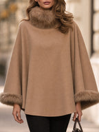 Faux Fur Trim Wool Blend Poncho Cape with High Collar