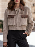 Cropped Faux Fur Bomber Jacket With Leather-Trimmed Collar And Flap Pockets
