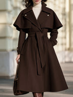 Belted Wool Trench Coat With Detachable Capelet And Notched Lapels