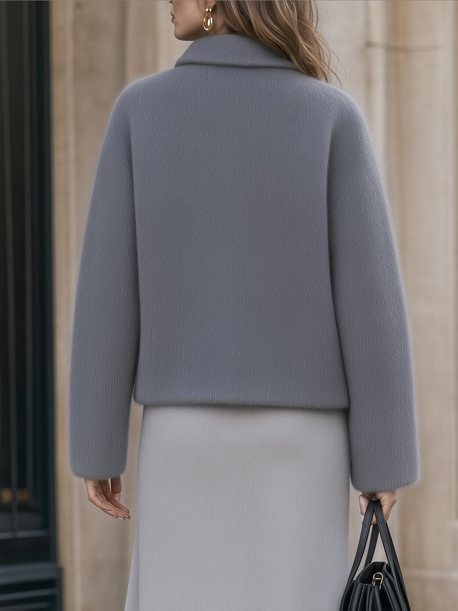 Notched Lapel Button-Front Textured Short Coat