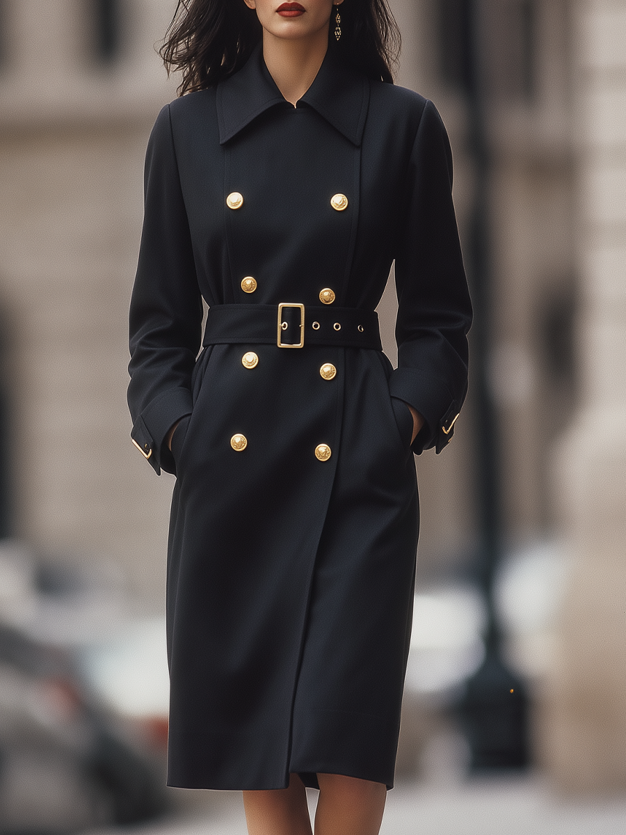 Black Gold Button Double-Breasted Belted Tailored Trench Coat