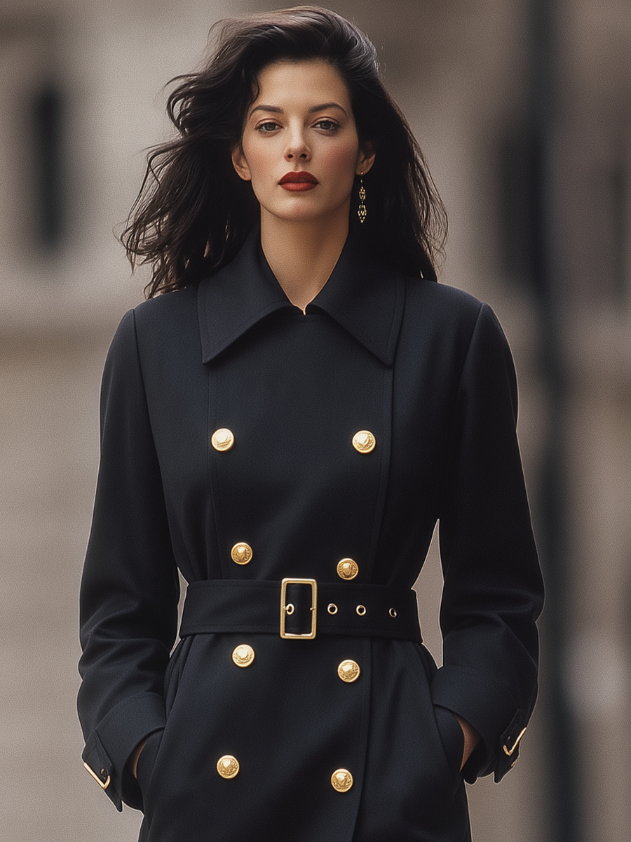 Black Gold Button Double-Breasted Belted Tailored Trench Coat