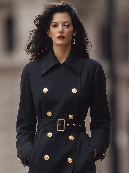Black Gold Button Double-Breasted Belted Tailored Trench Coat