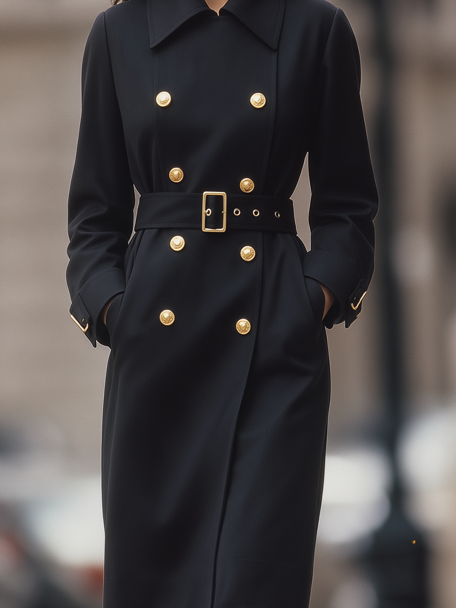 Black Gold Button Double-Breasted Belted Tailored Trench Coat
