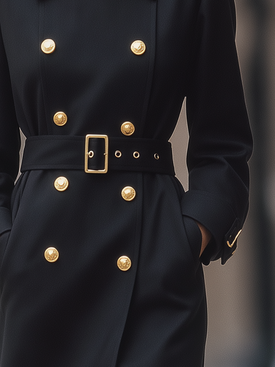 Black Gold Button Double-Breasted Belted Tailored Trench Coat