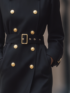 Black Gold Button Double-Breasted Belted Tailored Trench Coat