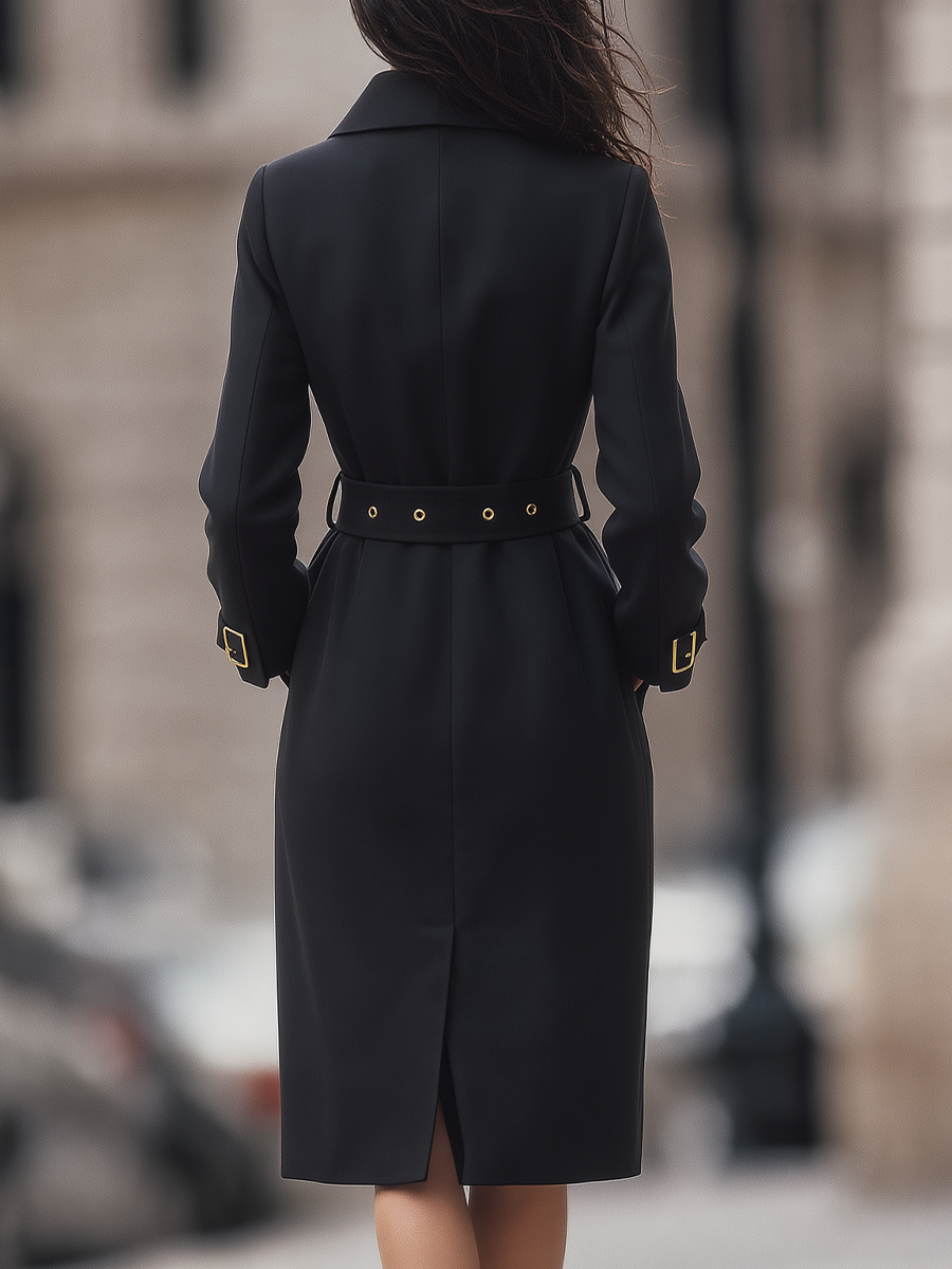 Black Gold Button Double-Breasted Belted Tailored Trench Coat
