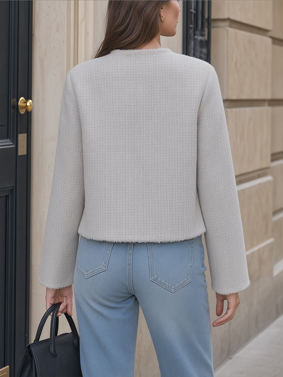 Crew Neck Tweed Button-Front Pocket Short Coat