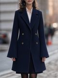 Navy Gold Button Double-Breasted Notched Lapel Tailored Midi Coat