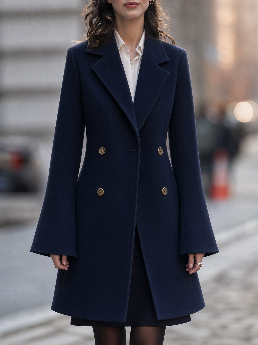 Navy Gold Button Double-Breasted Notched Lapel Tailored Midi Coat
