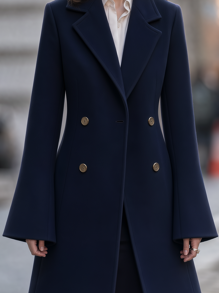 Navy Gold Button Double-Breasted Notched Lapel Tailored Midi Coat
