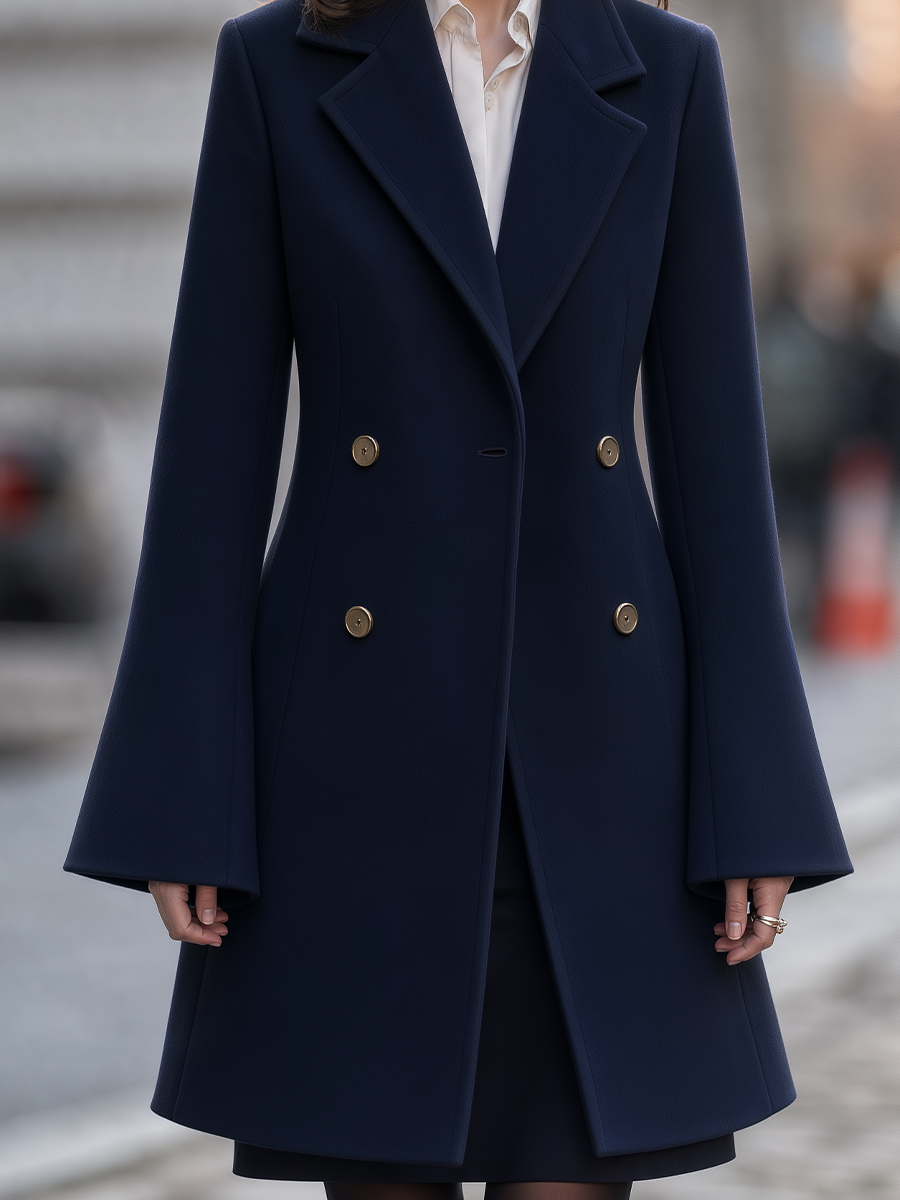 Navy Gold Button Double-Breasted Notched Lapel Tailored Midi Coat
