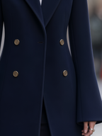 Navy Gold Button Double-Breasted Notched Lapel Tailored Midi Coat