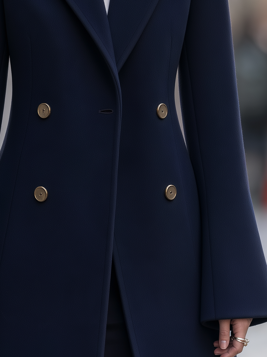 Navy Gold Button Double-Breasted Notched Lapel Tailored Midi Coat