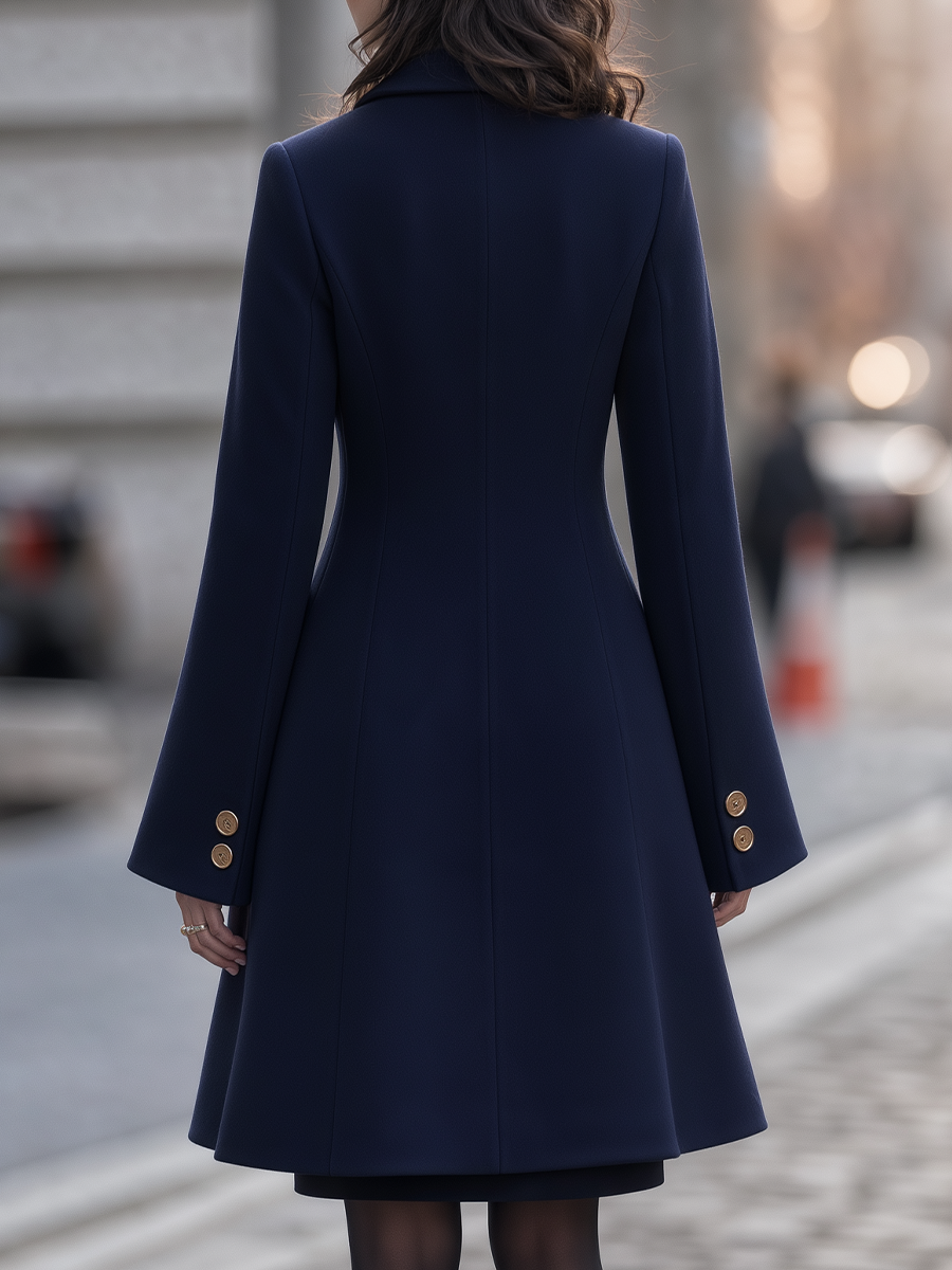 Navy Gold Button Double-Breasted Notched Lapel Tailored Midi Coat
