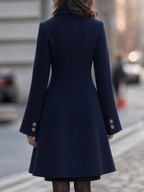 Navy Gold Button Double-Breasted Notched Lapel Tailored Midi Coat