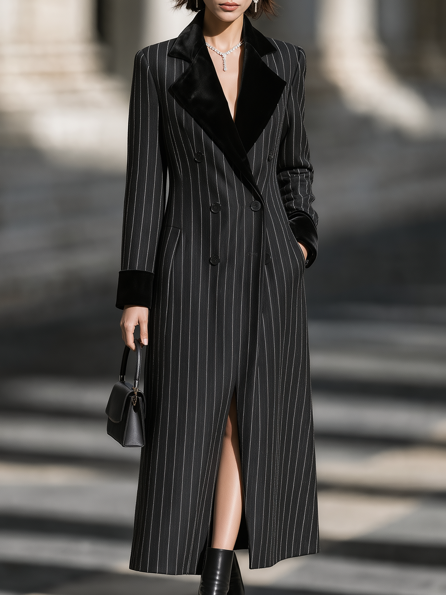 Velvet Lapel Pinstripe Double-Breasted Long Coat