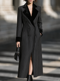 Velvet Lapel Pinstripe Double-Breasted Long Coat